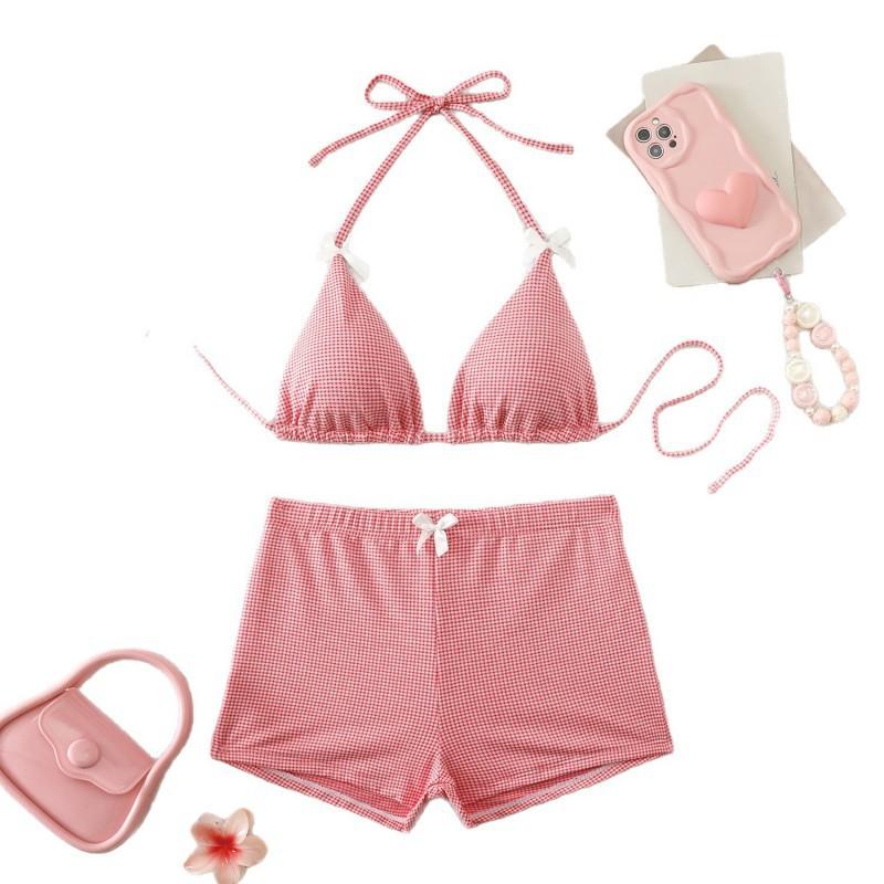 Bikini Boxer de Espalda Descubierta Deseo Puro Traje de Baño con Lazo Dividido Estampado Pequeño Fresco