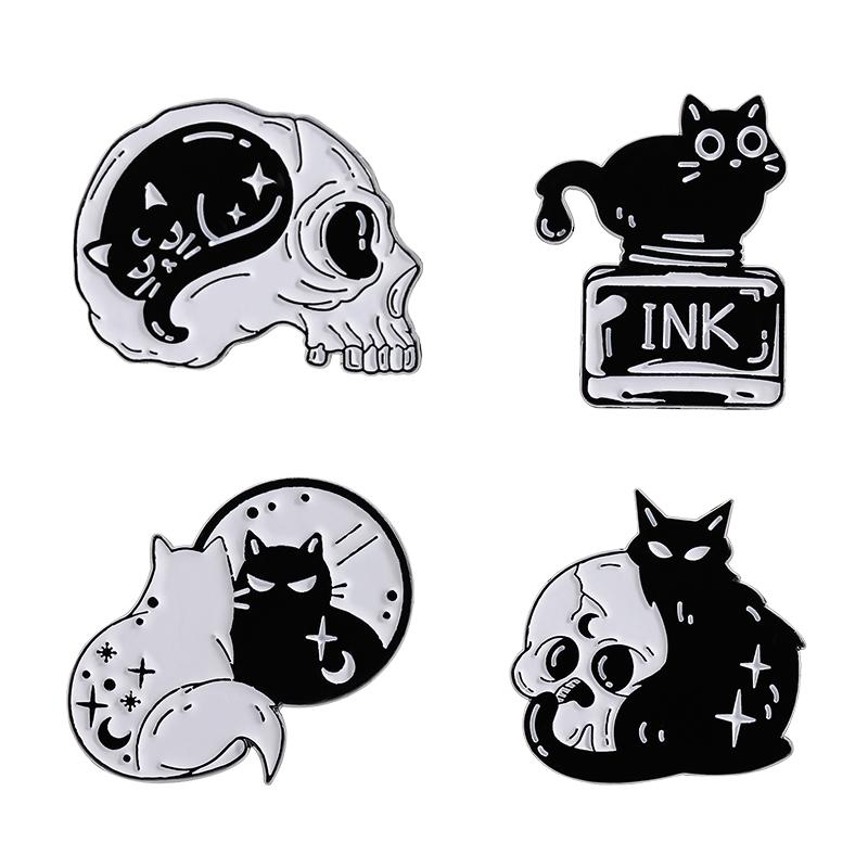 White Ghost With Cat Enamel Pins Spooky Pumpkin Skull Boo Kitten Halloween Brooches Lapel Badge Jewelry Gifts for Friends