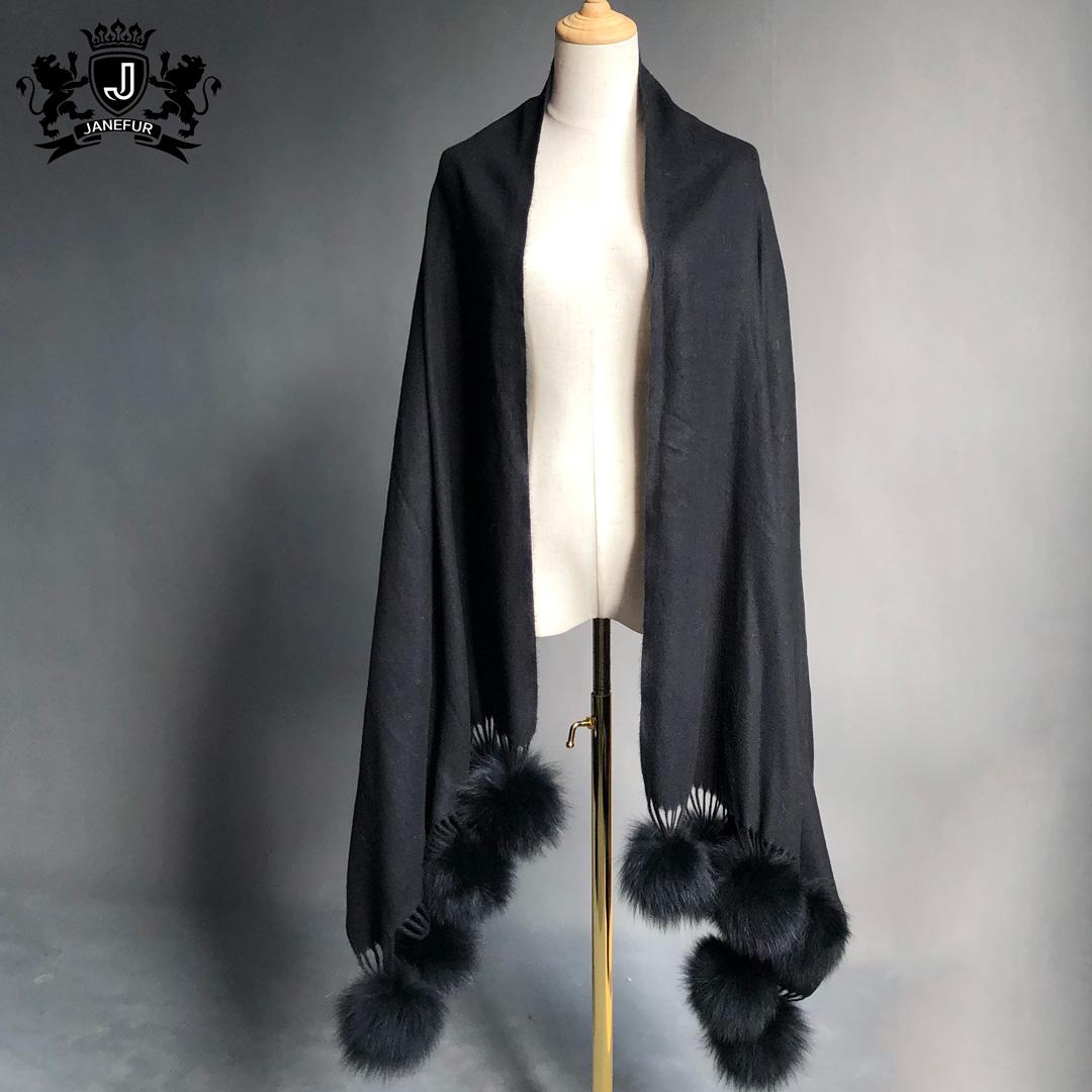 Women Fashion Cashmere Fur Shawls Scarf Women Cashmere Wool Shawl Scarf  Fox Fur Trim Shawl Poncho чёрный
