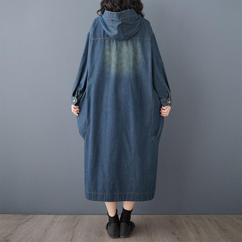 DIMANAF Women 2025 New Plus Size Spring Dress Hoodies Denim Long Sleeve Dress Loose Blue Basic Dresses Vintage