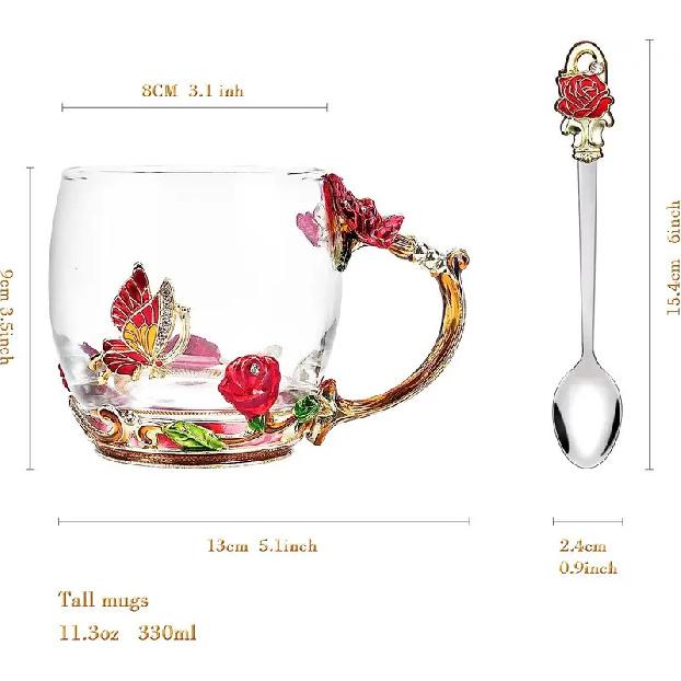 Glas Kaffee Emaille Tasse Beste Geschenke für Mama Frauen Schmetterling Rose Bleifrei Strumpffüller für Frau Rote Teetasse mit Löffel
