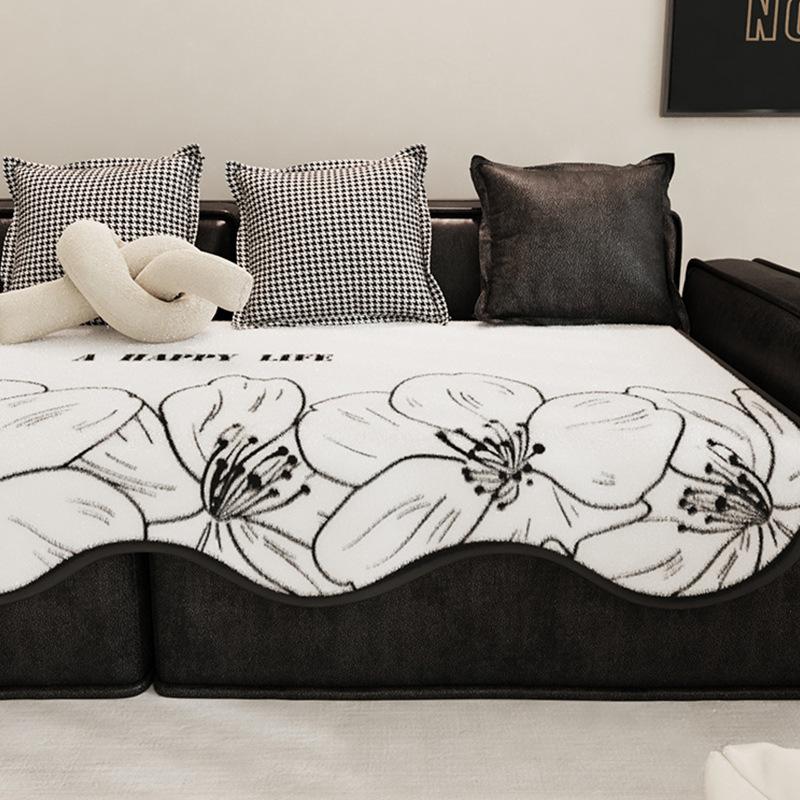 Nordic High-Grade Black and White Imitation Rabbit Fur Sofa Cushion Thickened Non-Slip Solid Wood Sofa Cushion Winter Warm Cushion