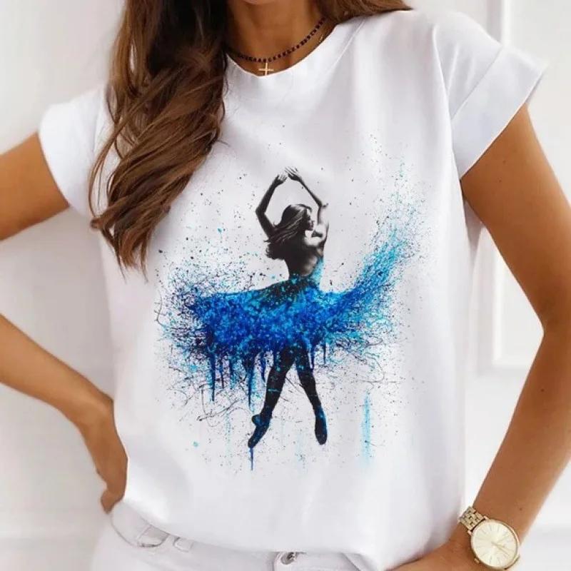 Stylish African Womens Watercolor Ballerina Girl Cute Cartoon Short Sleeve Tshirt Summer Tops Vintage Clothes Oversized Tee