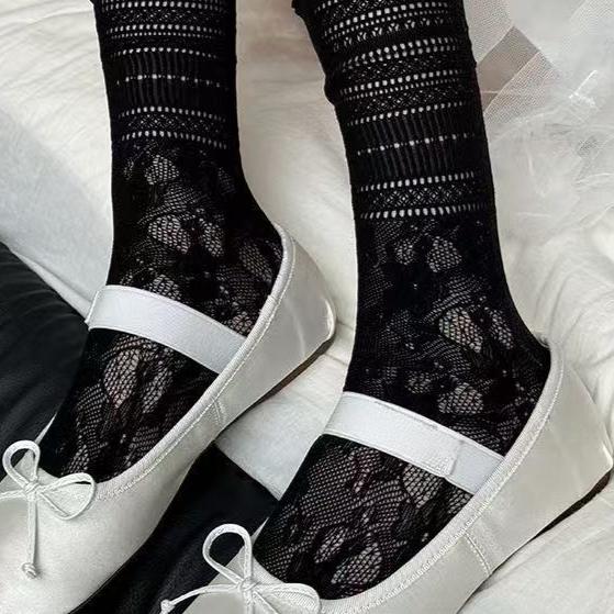 Damen Sommer Dünne Spitze Ballett Stil Spitze Baumwolle Mittelrohr Plüschsocken