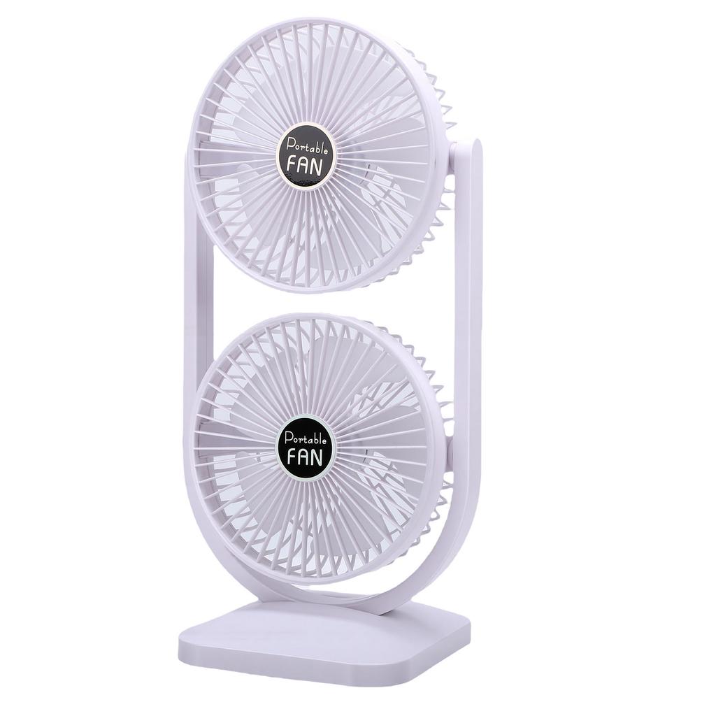 Dual Head Desk Fan USB Rechargeable 3 Speed Portable Electric Floor Fan for Home Office Dorm Travel White