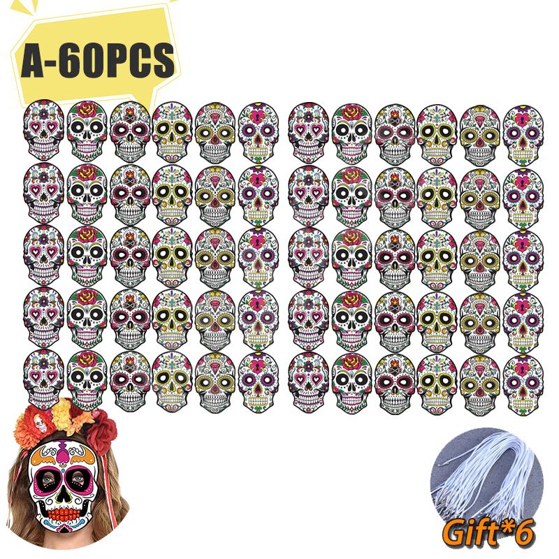 6-60PCS Halloween Colorful Skull Masks Mexican Day of The Dead Paper Mask Set for Party Masquerade Theme Decor DIY
