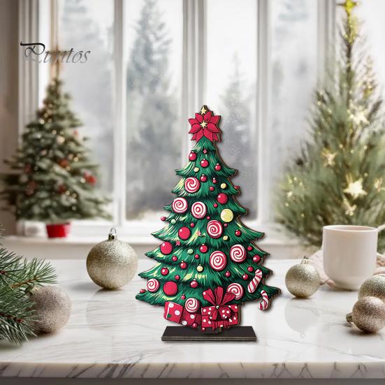 Stable Base Christmas Decor 2D Wooden Tabletop Ornaments, Xmas Tree Santa Lightweight Trees Snowman Sign with Stand, Holiday Party Decorations Favors