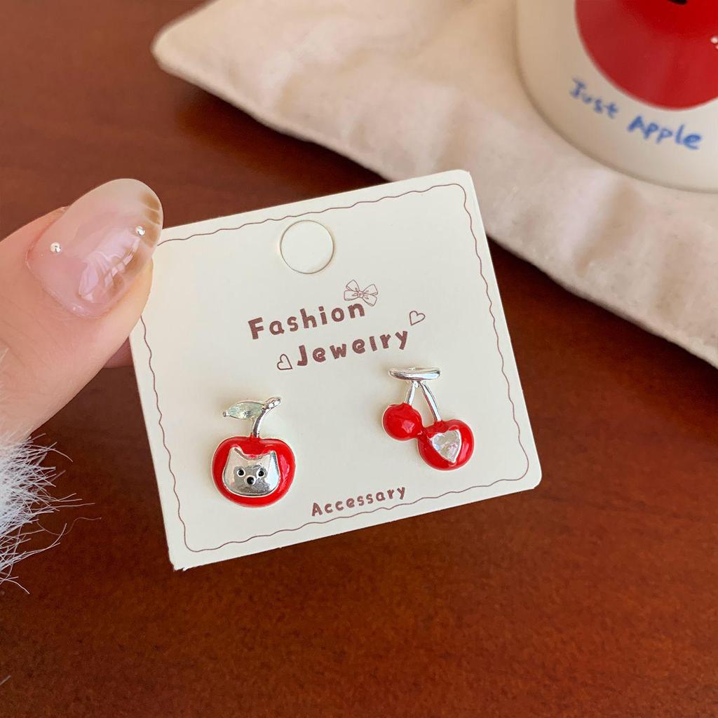 Christmas Red Apple & Cherry Stud Earrings - Women's Silver Needle Autumn/Winter Fruit Jewelry Set