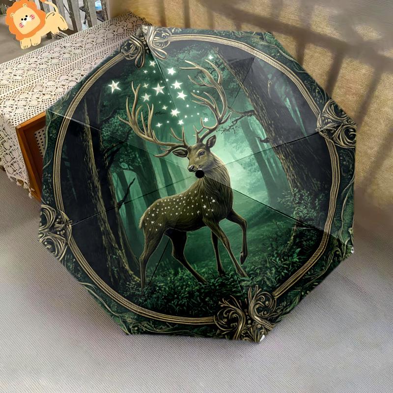 1 PC Automatic Folding Umbrella - Forest Deer Pattern, Portable & Foldable Design with 8 Ribs, Christmas Birthday Gifts