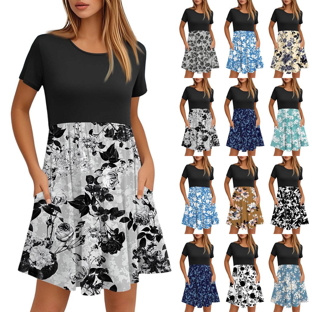 Women's Fashion Casual Loose Round Neck Short Sleeve Printed Pocket Dresses