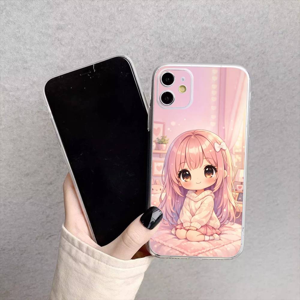 Cartoon Girl Pattern Phone Case For iPhone17,16,15,14,13,12,11 Plus,Pro Max Soft Transparent Cover