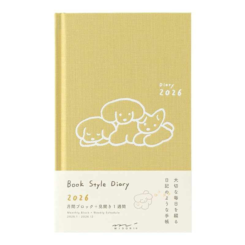 Midori Book-Style Diary, 2026, B6 Weekly, Dog Print, Yellow, 22379006 (Starts January 2026)