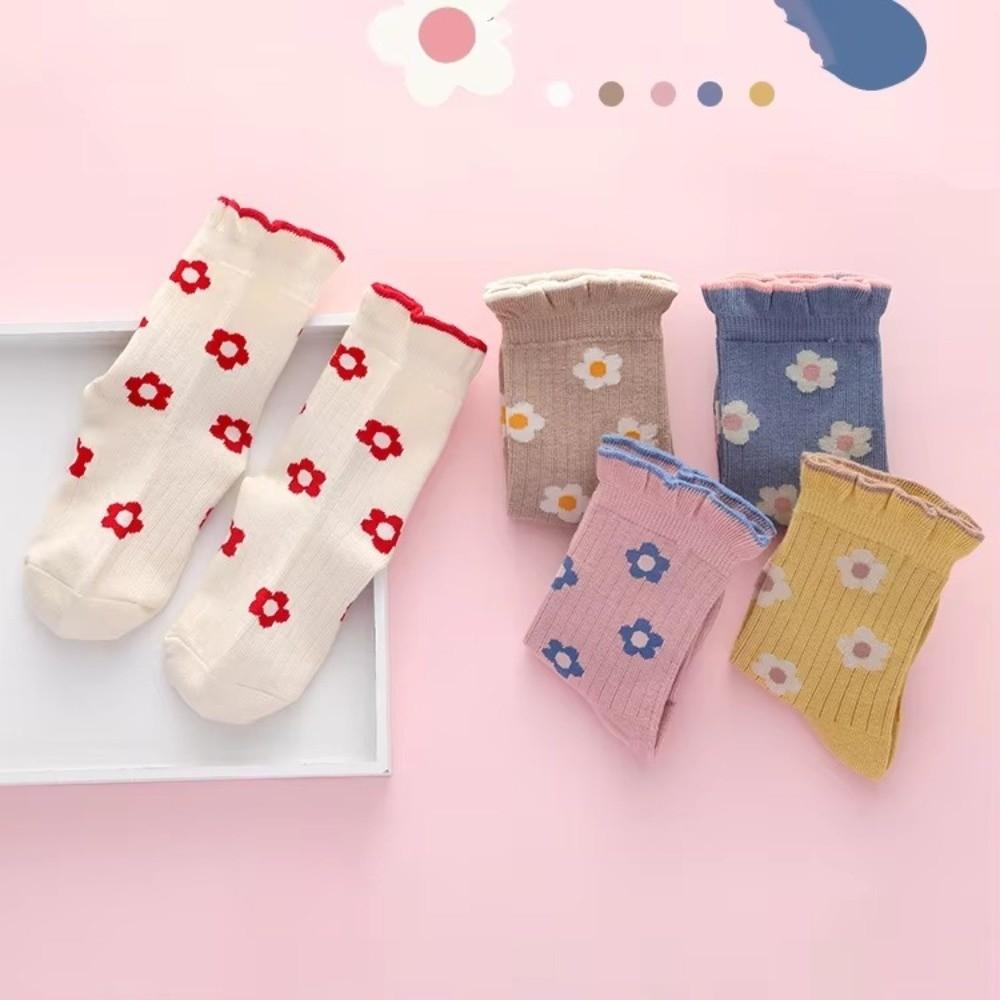 5 Pairs 5 Pairs Pack Kids Crew Socks Floral Print Ruffle Cuff Socks Princess Socks  School Socks