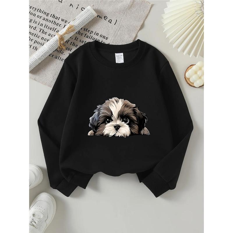 European sizes Kids' Round-Neck Hoodie | Cute Shih Tzu Puppy Face Print, Sportswear and Casual Wear, Soft and Comfortable, Playful Design
