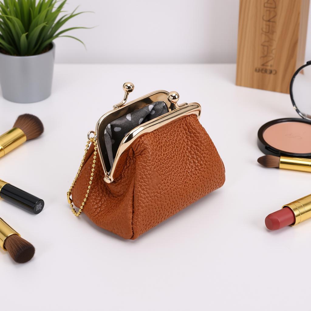 Vintage Change Purse PU Leather Wide Opening Tiny Wallet Jewelry for Lipstick