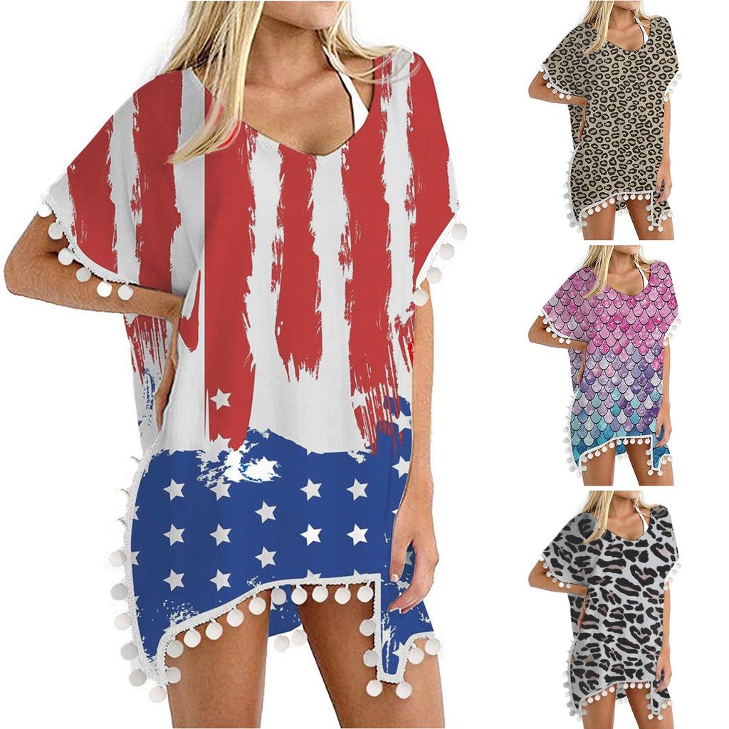 Women's Trim Kaftan Chiffon Tassels Swimwear Beach Loose Bikini Cover Up Tops