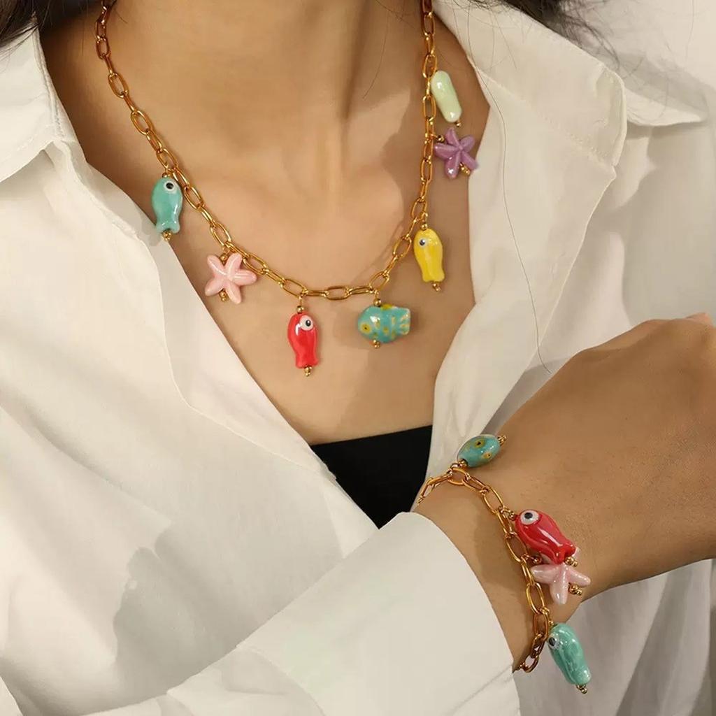 Fashionable Ceramic and Stainless Steel Oceanics Themed Adjustable Necklace With Starfish and Fish Pendant