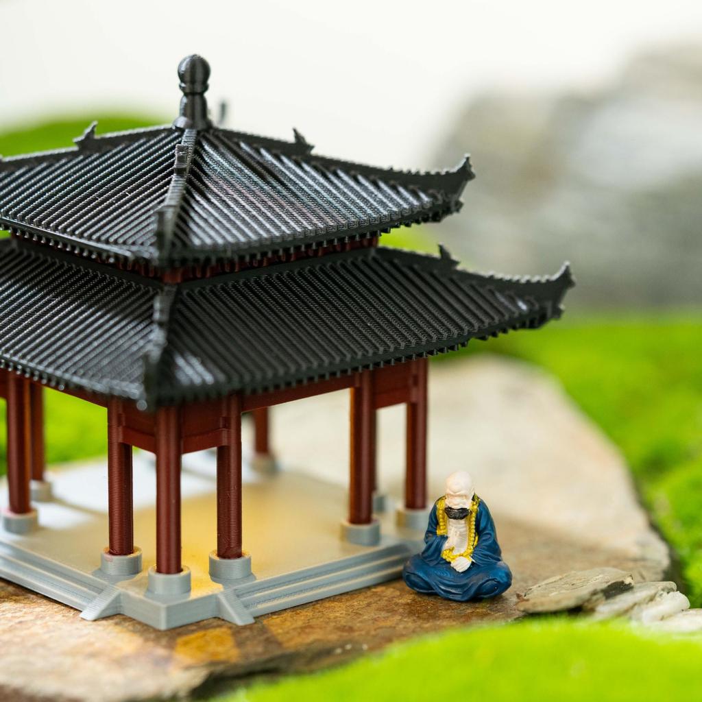 Miniature Chinese Courtyard Bonsai Rockery with Ancient Architecture and Pavilion - Tabletop Water-Land Fish Tank Ornament.