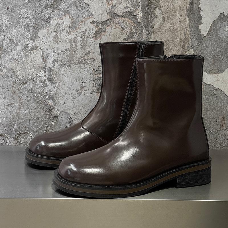 British Style Mens Casual Natural Leather Boots Square Toe Black Brown Shoes Cowboy High Boot Platform Motorcycle Chelsea Botas