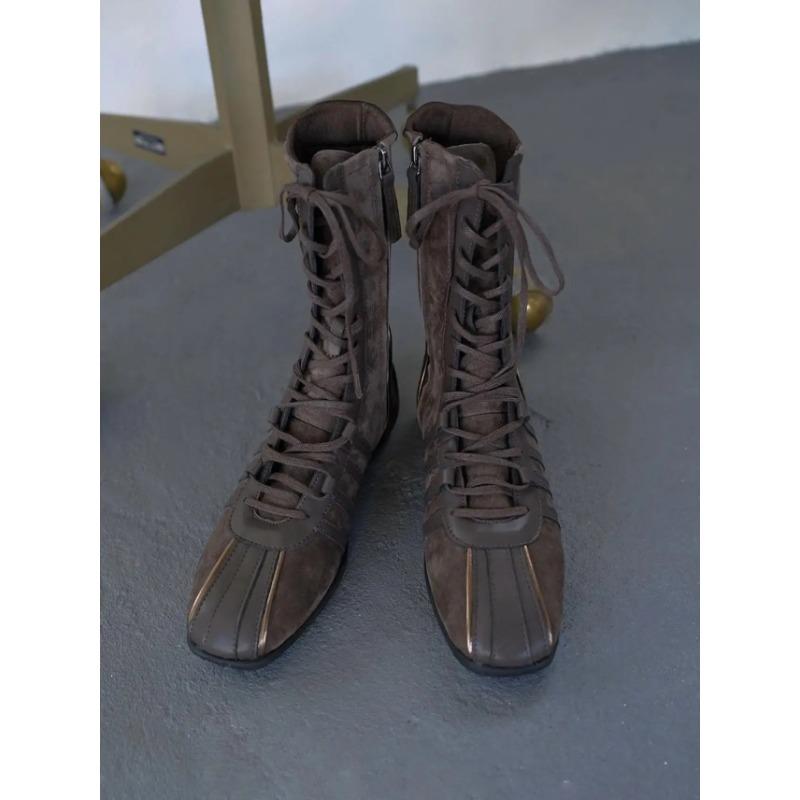 Fashion Retro Knight Boots Women's 2025 Spring Autumn Genuine Leather Lace-Up Western ort Boots Thi Bot Color Blo