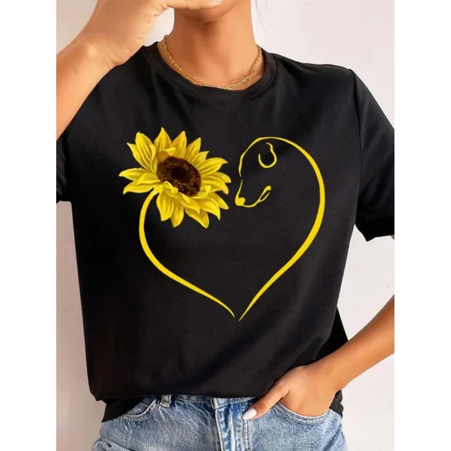 

Plus Size Dandelion T-shirt Summer Love Butterfly Chrysanthemum Sunflower Pattern Print Large Short-sleeved T-shirt Women s Top S чёрный