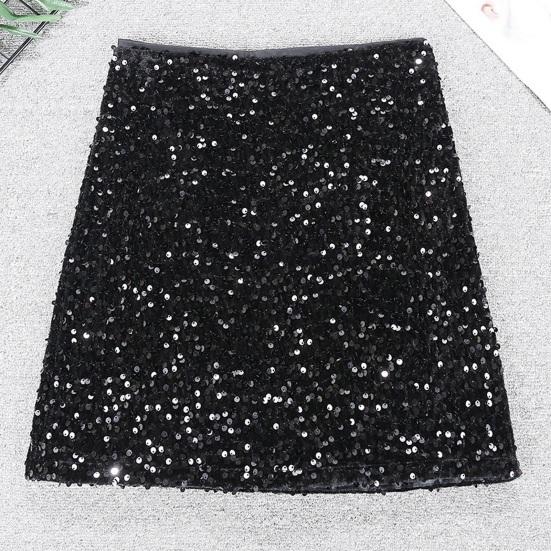 Sexy Skirt High Waist Hip Wrapped Solid Color Shiny Sequins Decor Mini Skirt Leisure Beach Travel Party Wear