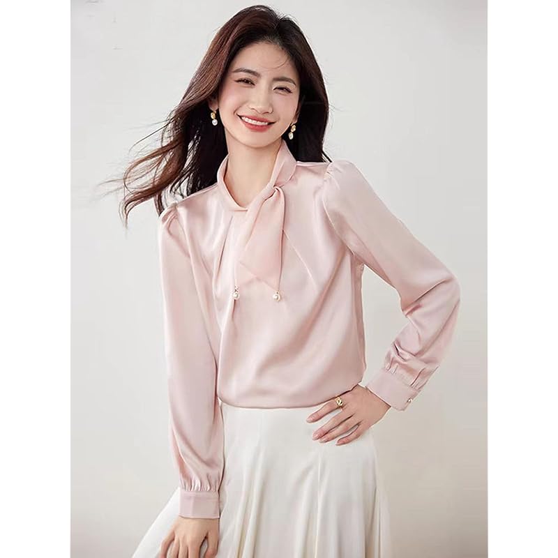 [TRENDOUX] blouse ladies long sleeve v neck race bow tie frills shirt tops shirt Plain color simple chiffon office formal blouse Fashionable