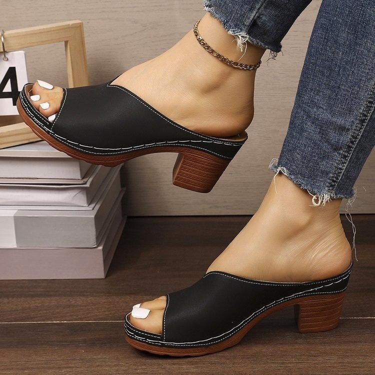 High-heeled Fish-mouth Women's Shoes, Thick-soled Slip-on Sandals with An Open Toe Design Devotion