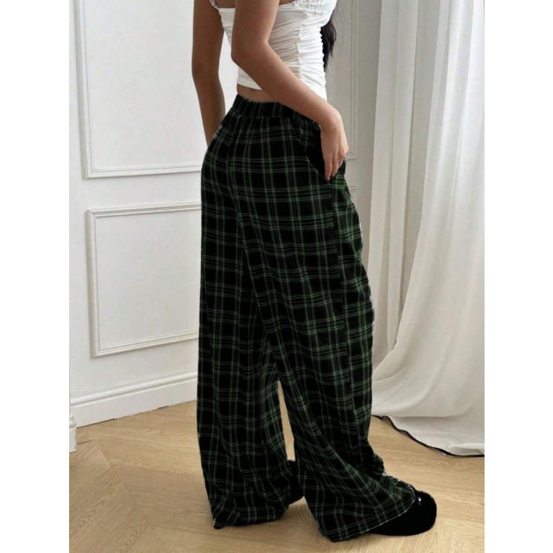 Pantaloni a Quadri da Donna, Vita Alta Coulisse Gamba Larga, Pantaloni Casual Streetwear da Casa