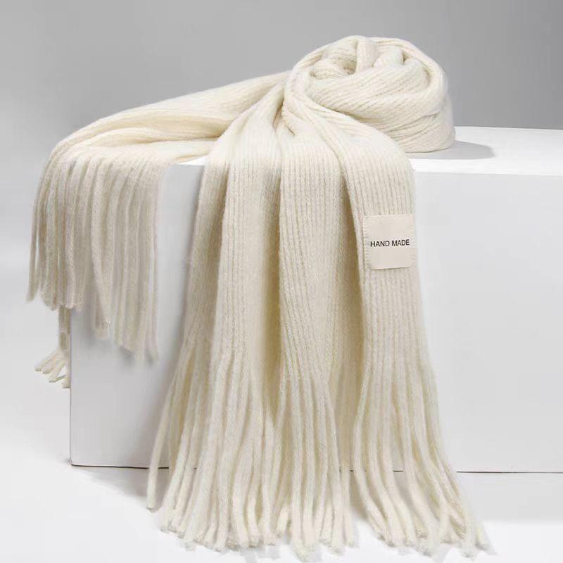 Women Girls Elegant Scarf Winter Thicken Warm Solid Color Knitted Long Tassel Scarves Soft Cotton Thickened Shawl Wraps Women