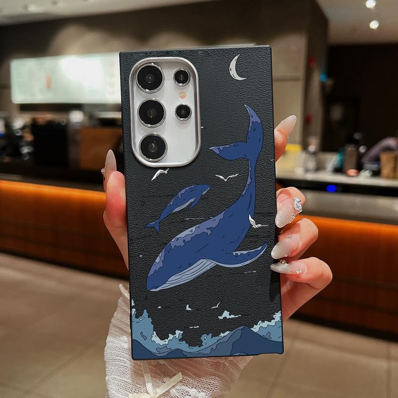 Whale Print Leather Texture TPU Phone Case For Samsung S25 S24 FE S23 Ultra S22 A56 A36 A16 A15 A55 A35 Slim Shockproof Matte Soft Bumper Cover