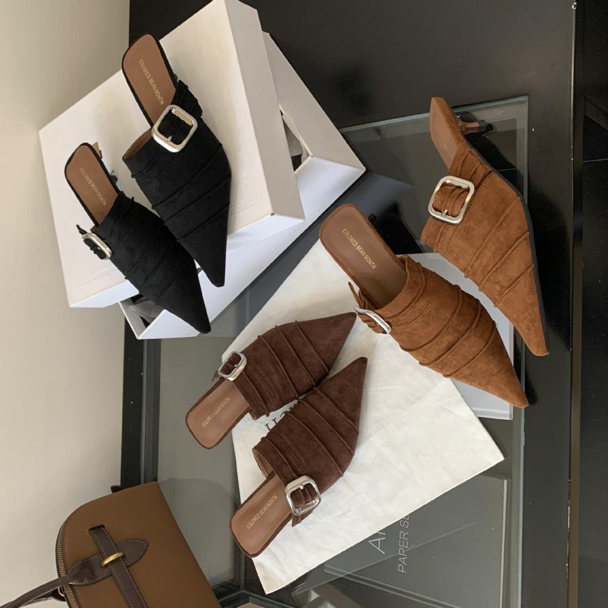 

2025 new autumn thin heel pointed cat heel half drag soft sole foot cover commuter work women s bag head shoes 39 чёрный