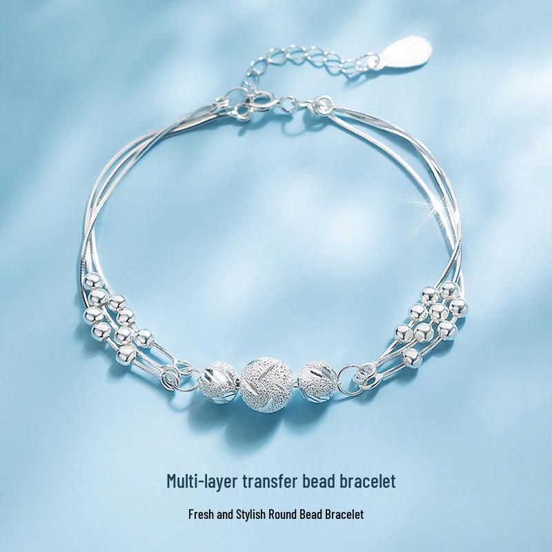 Sterling Silver 990 Pure Silver Multi-layer Beaded Bracelet: Elegant Women s Design with Three Lives, Three Worlds Theme – Light Luxury Gift. Pure Silver