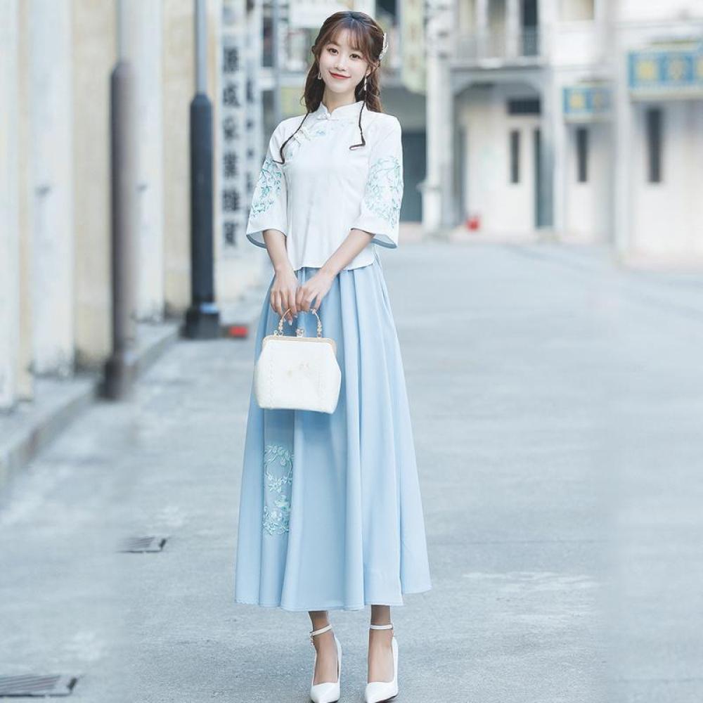 

Женский улучшенный комплект Cheongsam из двух предметов на весну и лето в китайском стиле 2XL синий