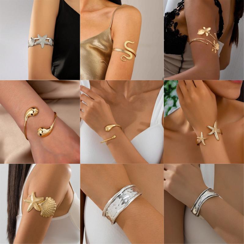 Vintage Metal Flower Starfish Upper Arm Cuff Bracelet For Women Gold Color Geometric Open Bangles Femme Aesthetic Jewelry Gift