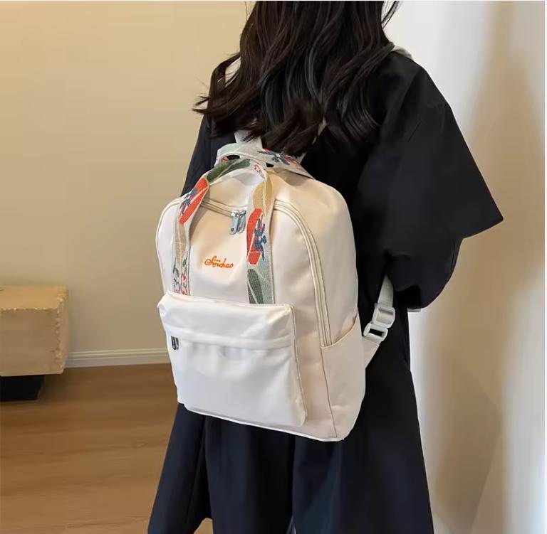 Nylon Fabric Fashion Backpack For Women Floral Hand Strap Pure Color Large Capacity Travel Bag Multi-pocket School Book Rucksack