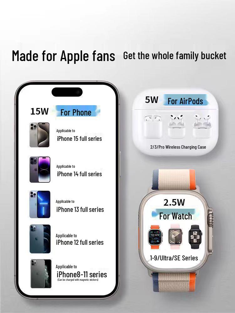 15W Foldable 3-in-1 Wireless Charging Stand for Apple & Android Phones