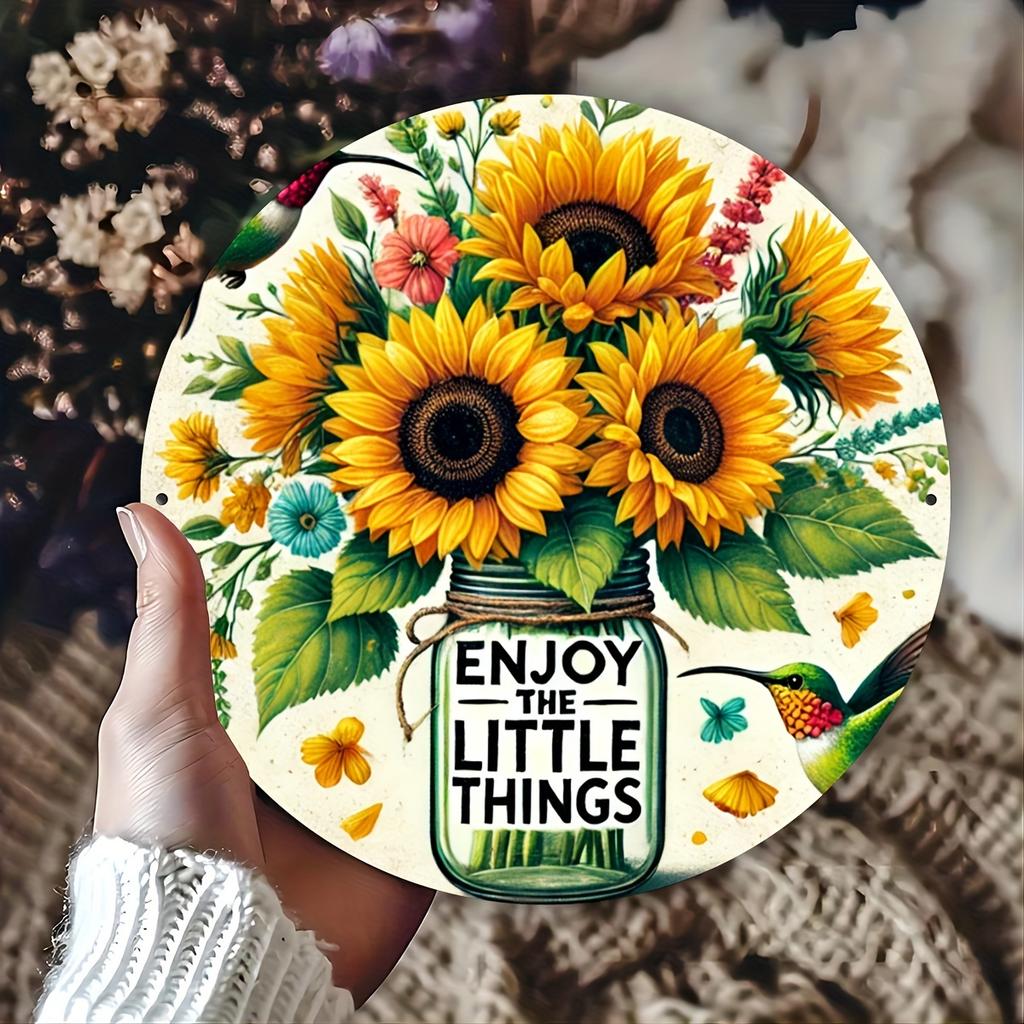 Sunflower Hummingbird Round Metal Sign Enjoy the Little Things Vintage Wall Decor for Home Garden