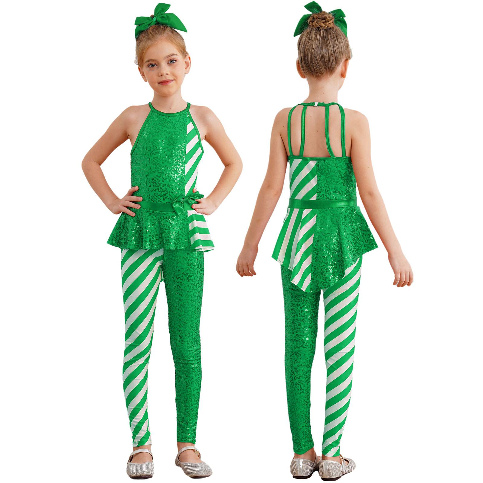

Девочки Рождественский Пеплум Комбинезон Без рукавов Открытая спина Высокая талия Полоски Пайетки Костюм Леденца 5-6 Years зелёный