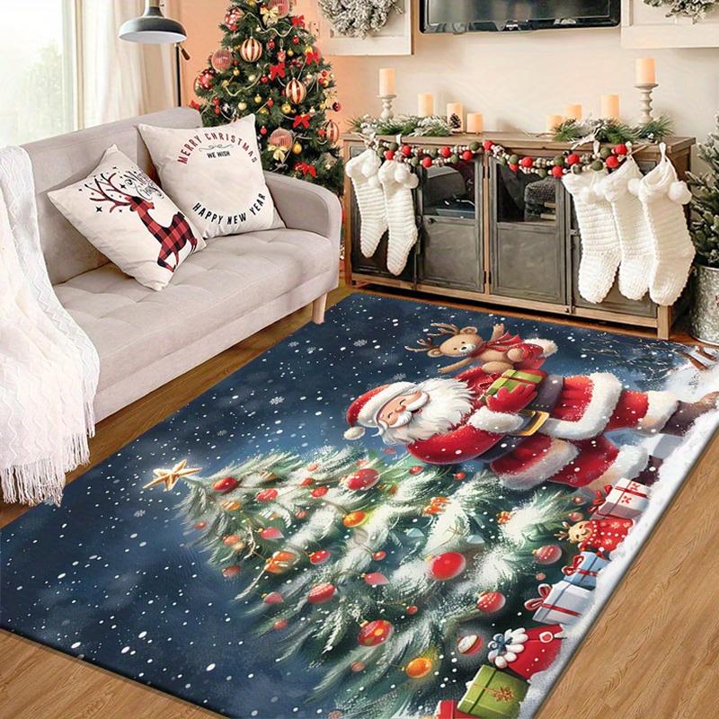 Christmas Santa Claus Rug with Reindeer and Tree Design - Festive Holiday Living Room Carpet, Seasonal Decoration