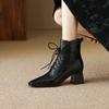 Mote Høst/Vinter Dame Støvletter Firkantet Tå Høy Hæl Sko for Kvinner Svarte Lærstøvletter Dame Snøring Håndlagde Sko Botas de mujer