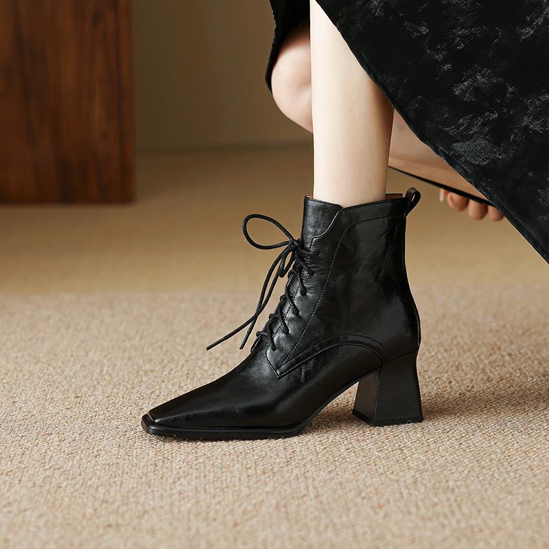 Mote Høst/Vinter Dame Støvletter Firkantet Tå Høy Hæl Sko for Kvinner Svarte Lærstøvletter Dame Snøring Håndlagde Sko Botas de mujer