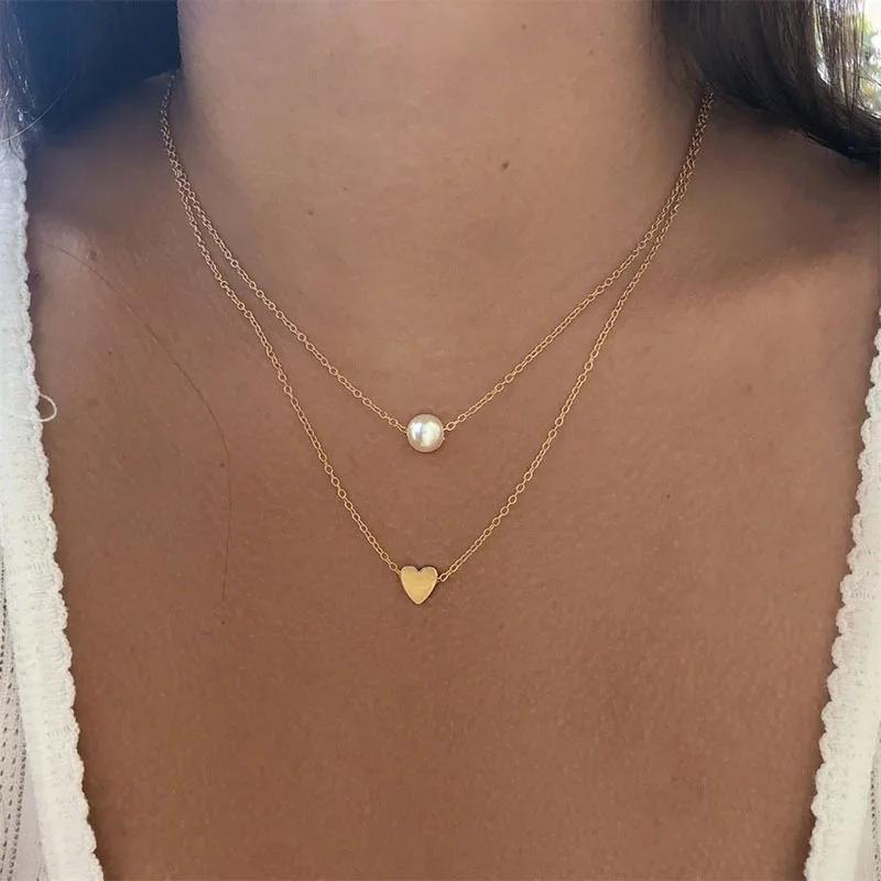 New Double Layer Necklace For Women Fashion Imitation Pearl Crystal Heart Pendant Chokers Necklaces Jewelry Girls Gift Wholesale золотой