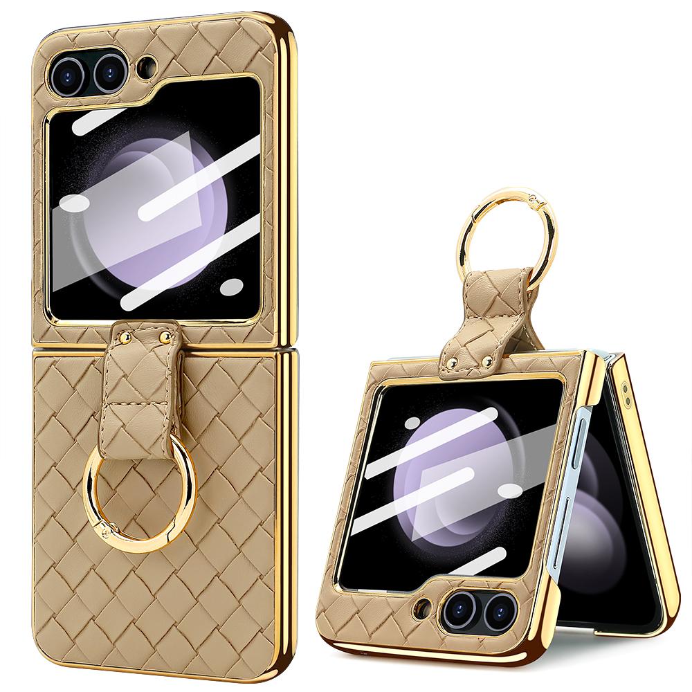 VIETAO Z Flip 6 Phone Case, Compatitable With Samsung Z Flip 6 Flip5 Flip4 Flip3 Case With Finger Ring, Woven PU Leather, Pink