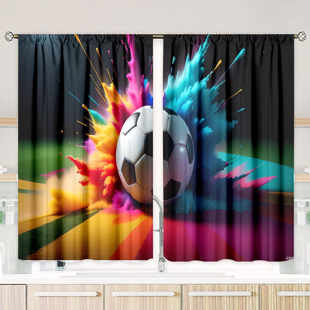 2 pieces - Football - printed curtain - Polyester material - suitable for bedroom, living room, study private curtain