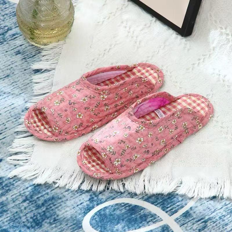 Atmungsaktive Baumwoll-Hausschuhe mit offenen Zehen, Stoffsohle und Krabbelmatte - Leise, Ganzjahres-Stil, Koreanisch