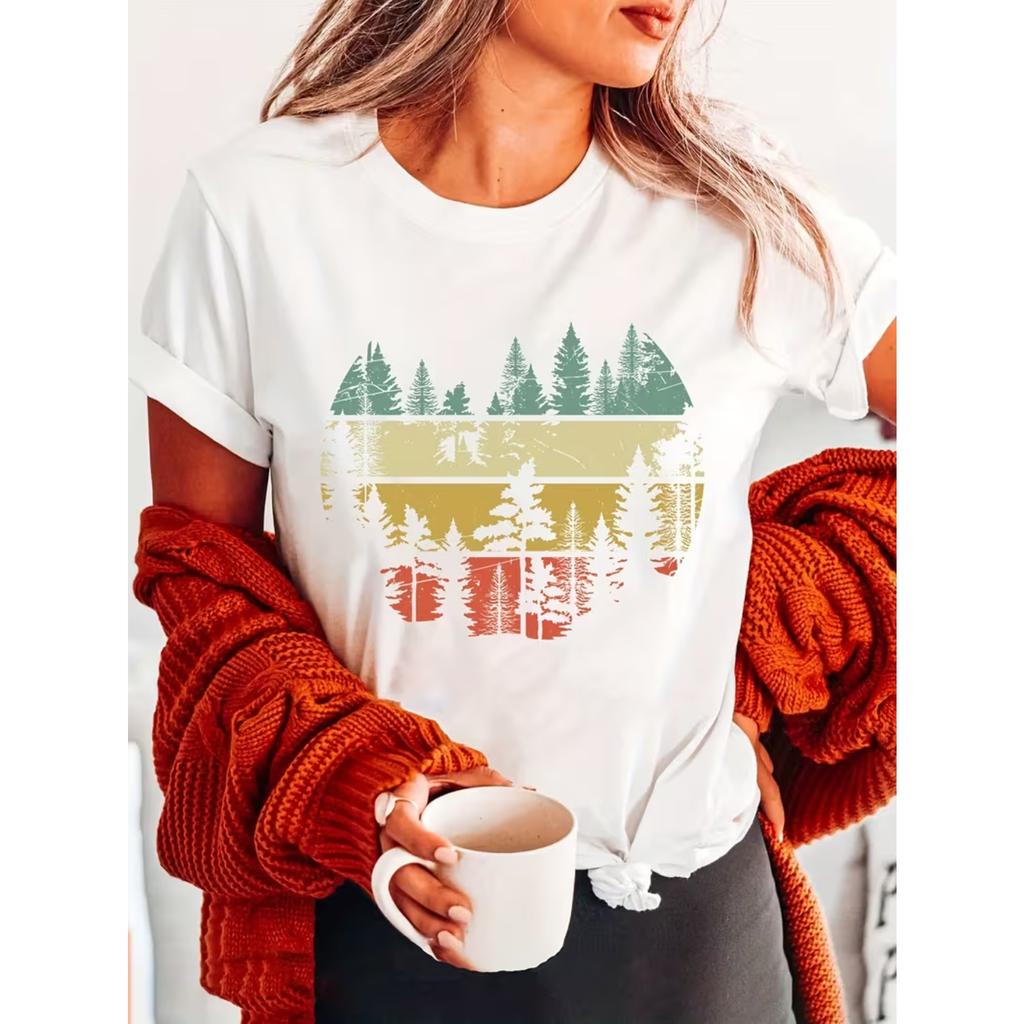 Outdoor Natural Vintage Forest Fashion Letter Print T-shirt, Short Sleeve Crew Neck Casual Top for Summer & Spring
