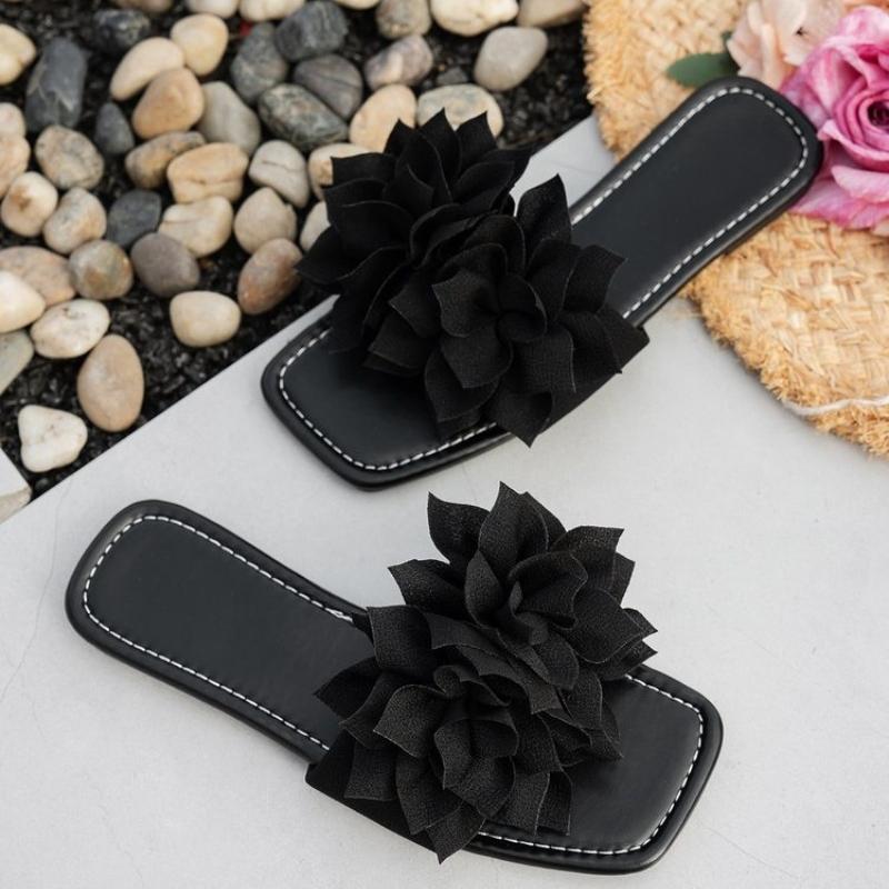 Casual Square Toe Flat Slippers Fashionable Floral Slippers for Lazy People, One Foot Stomping, Open Toed Beach Slippers