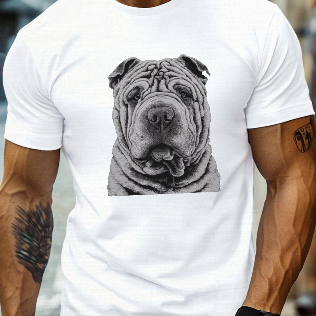 Shar Pei Dog Face Line Art Graphic Mens Cotton TShirt Breathable Casual Short Sleeve Tee
