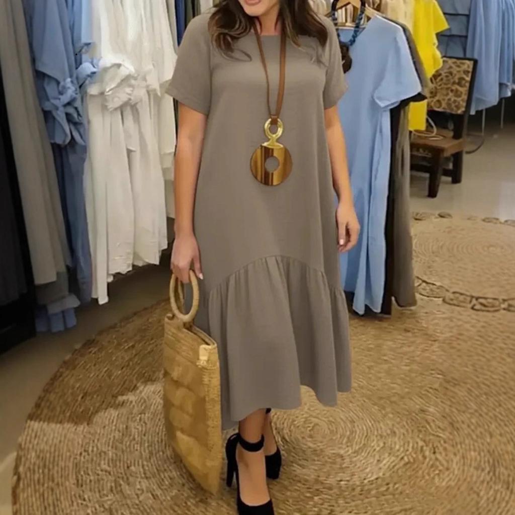 Women's Fashion Color Dress Round Neck Short Sleeve Casual Loose Ruffled Dress